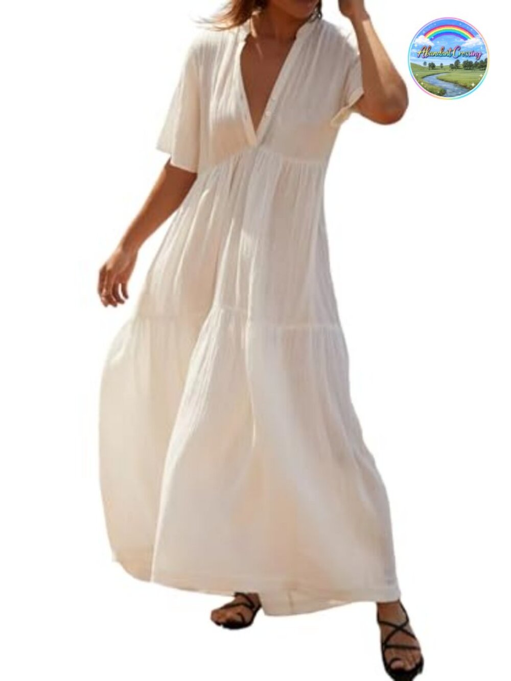 Women's Cotton Flowy Maxi Dress Tiered Ruffle V-Neck Summer Beach